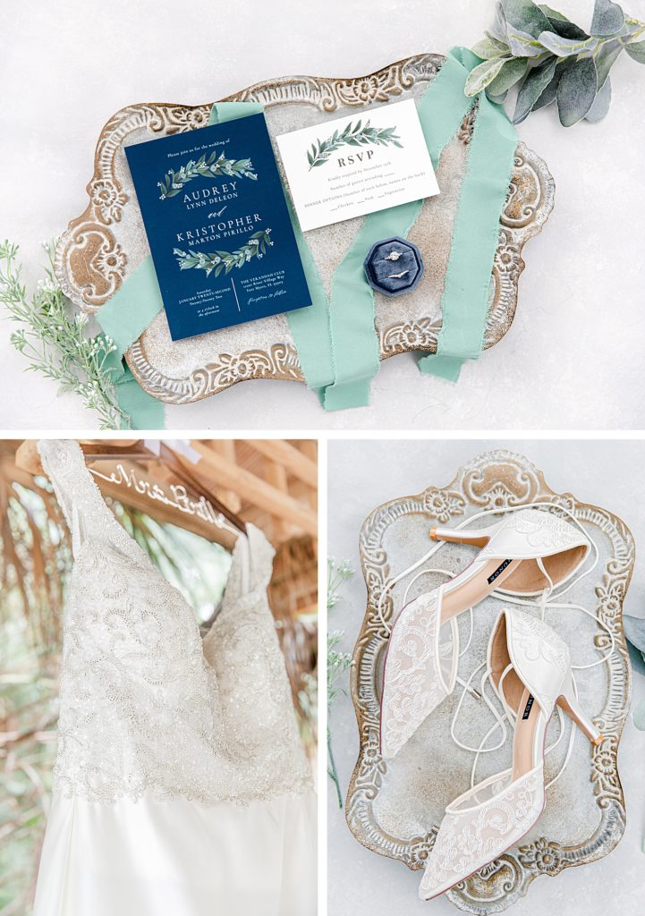 fort myers wedding details photograph. wedding dress hanging, wedding shoes, wedding ring and invitation suite.