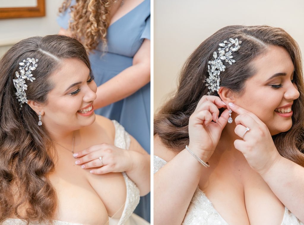 close up of bride on her wedding day. putting on earrings and touching her necklace