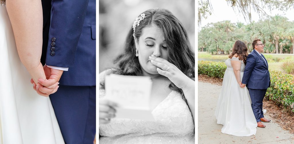 florida wedding couples outside facing back to back having a first touch on their wedding day. reaching notes to each other and holding hands.