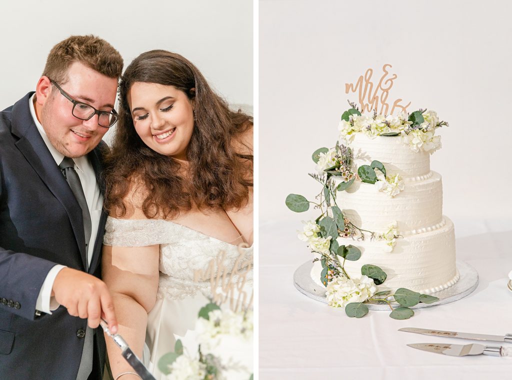 close up of the wedding cake and close up of the bride and groom cutting into the cake.