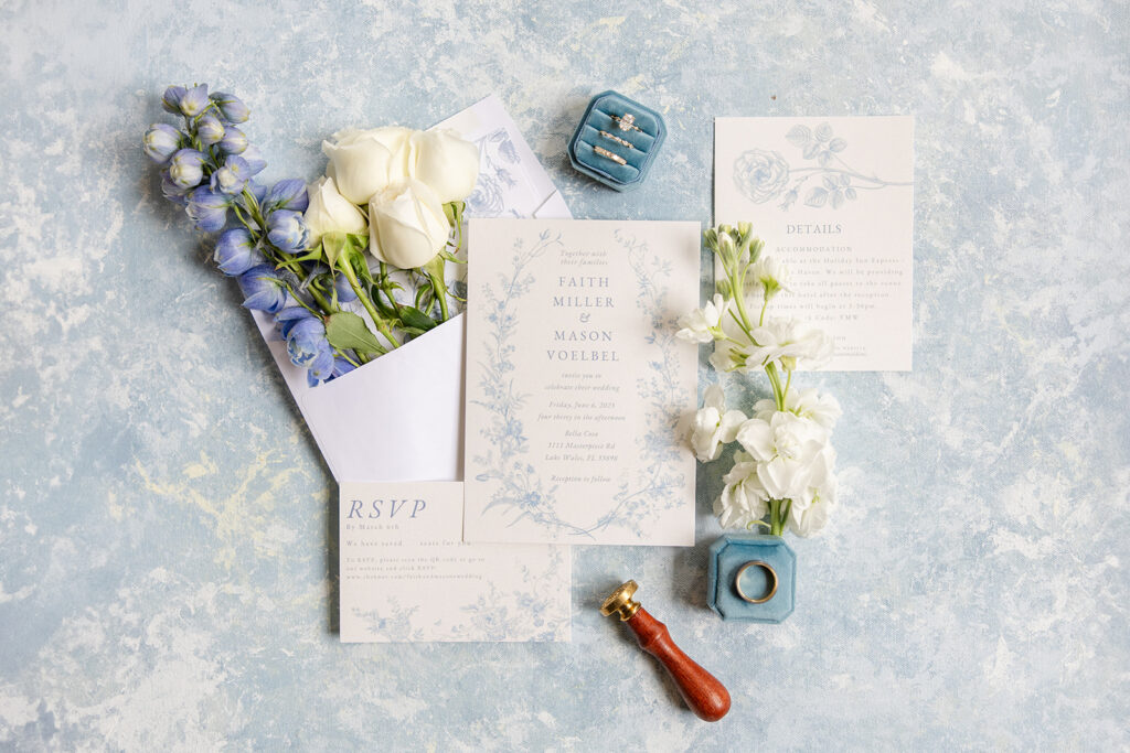 dusty blue wedding details shot at Bella Cosa Lakeside in Lake Wales Florida