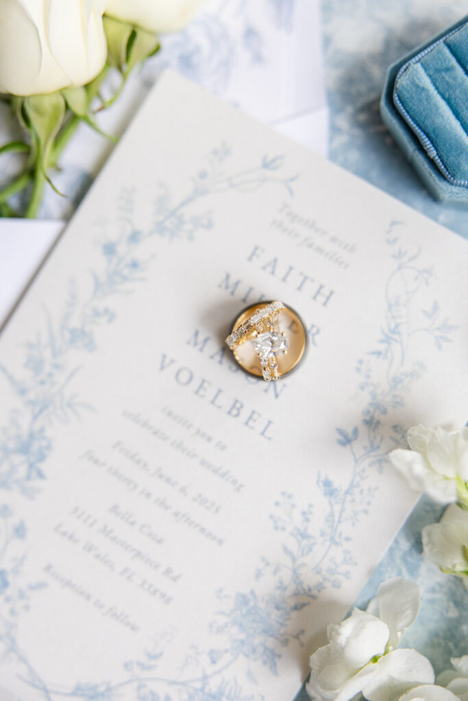 dusty blue wedding invitation suite at Bella Cosa Lakeside in Lake Wales Florida