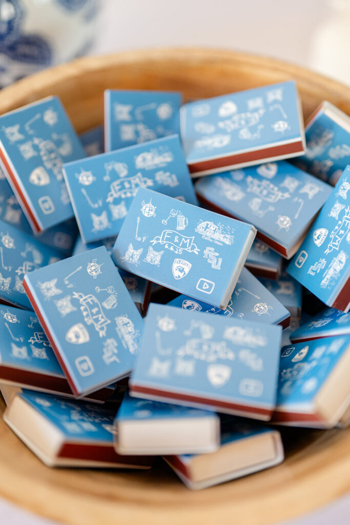 dusty blue wedding matchbooks at Bella Cosa Lakeside in Lake Wales Florida