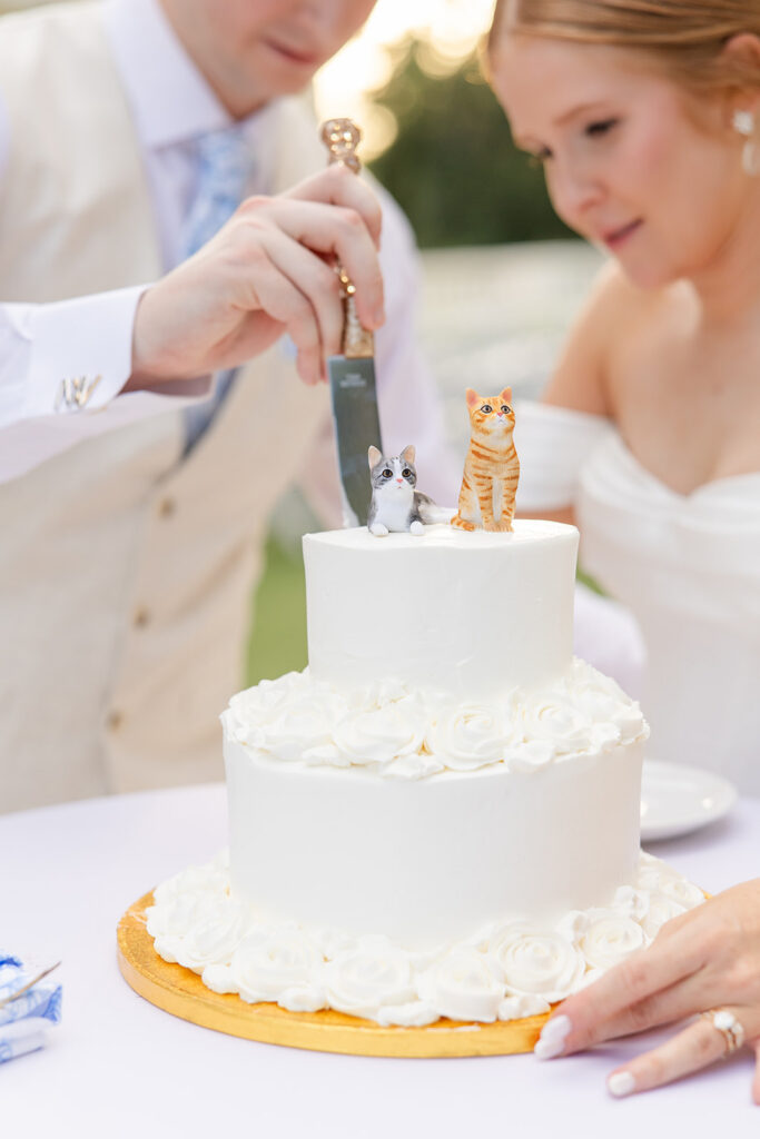 bride and groom cut their white wedding cake with cat cake topper at a wedding reception at Bella Cosa Lakeside in Lake Wales Florida
