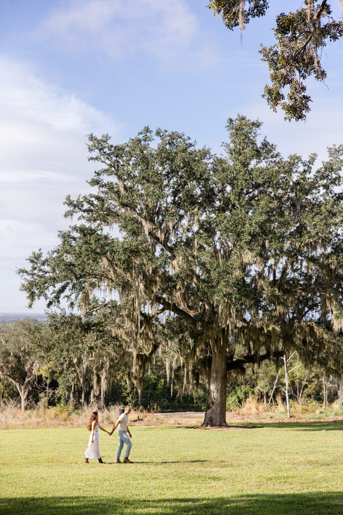 couple walks on a grassy lawn in a casual engagement photo at Bok Tower Gardens captured by Snapshots by Gabriela.