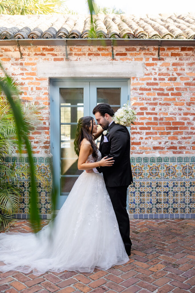 bride and groom portrait at historic estate wedding venue Casa Feliz in Winter Park, Florida, photographed by Snapshots by Gabriela