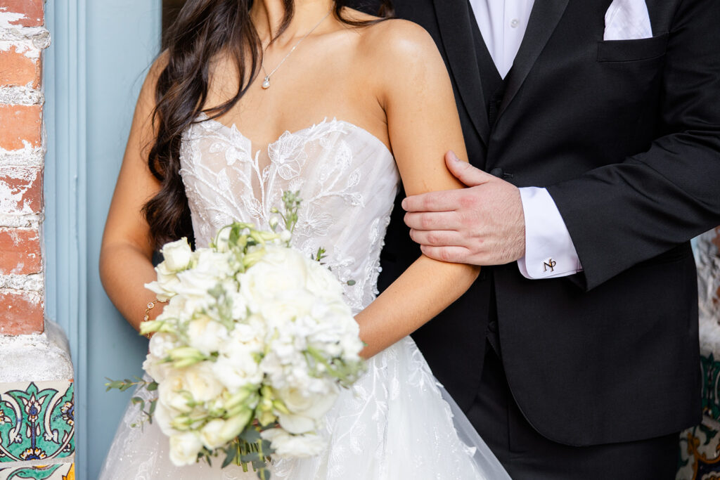bride and groom portrait at historic estate wedding venue Casa Feliz in Winter Park, Florida, photographed by Snapshots by Gabriela