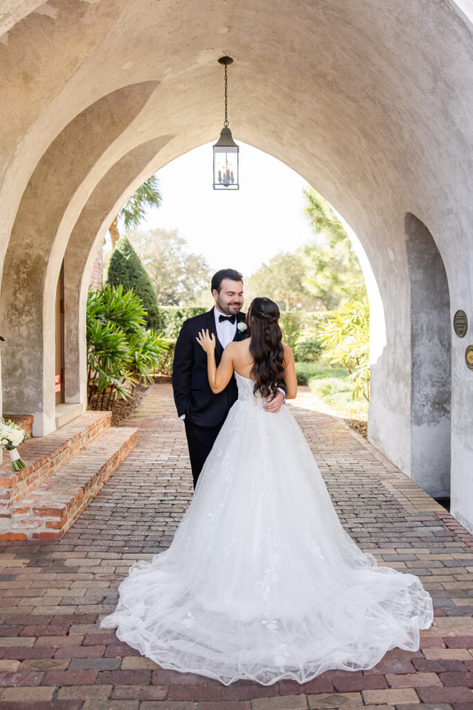 bride and groom portrait at historic estate wedding venue Casa Feliz in Winter Park, Florida, photographed by Snapshots by Gabriela