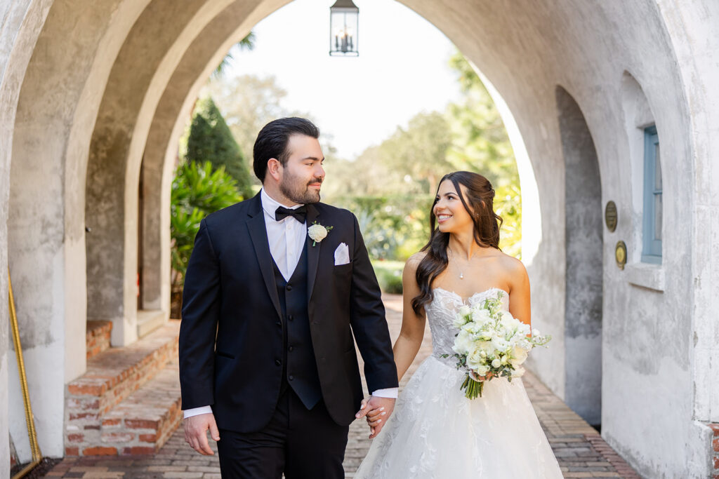 bride and groom portrait at historic estate wedding venue Casa Feliz in Winter Park, Florida, photographed by Snapshots by Gabriela