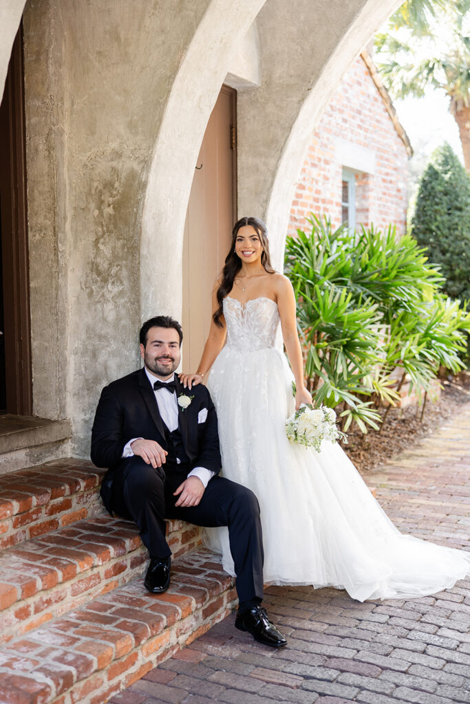 bride and groom portrait at historic estate wedding venue Casa Feliz in Winter Park, Florida, photographed by Snapshots by Gabriela