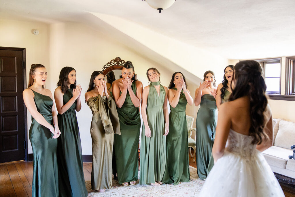 bride with bridesmaids at historic estate wedding venue Casa Feliz in Winter Park, Florida, photographed by Snapshots by Gabriela