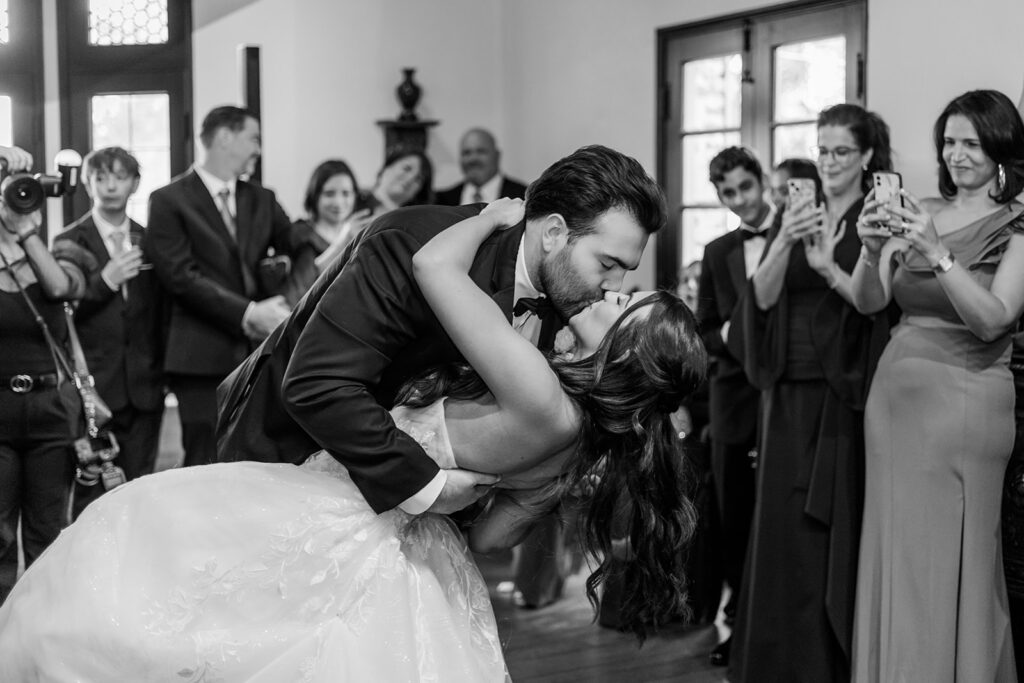 bride and groom first dance at historic estate wedding venue Casa Feliz in Winter Park, Florida, photographed by Snapshots by Gabriela