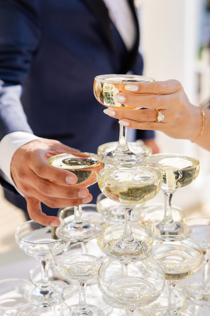 champagne tower at a spring wedding at Lake Mary Events Center, captured by Snapshots by Gabriela