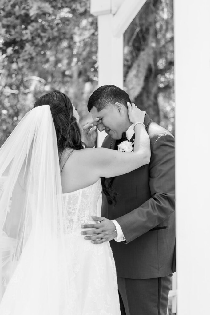 bride and groom first look at a spring wedding at Lake Mary Events Center, captured by Snapshots by Gabriela