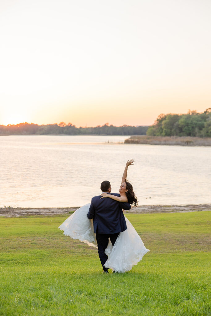 candid golden hour sunset portraits of bride and groom at a spring wedding at Lake Mary Events Center, captured by Snapshots by Gabriela